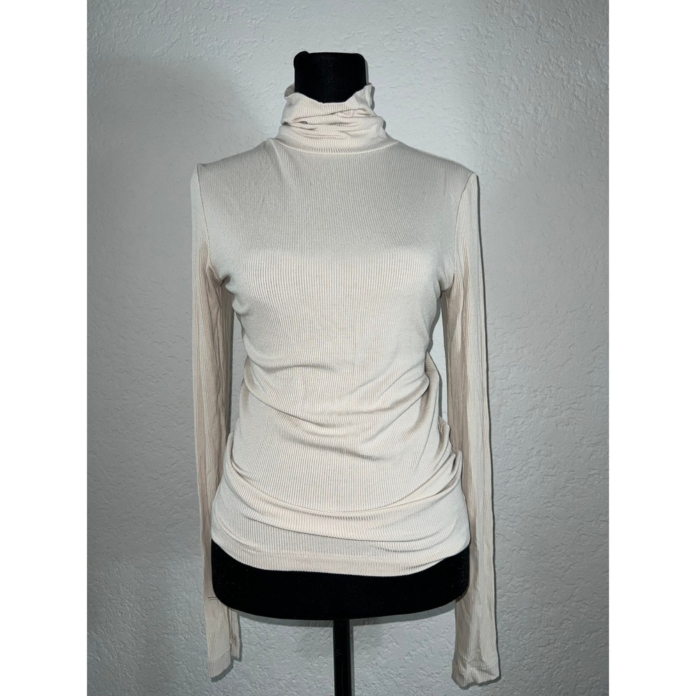 Active Usa Cream Ribbed Turtleneck Long Sleeve Top Mock Neck Layering Basic